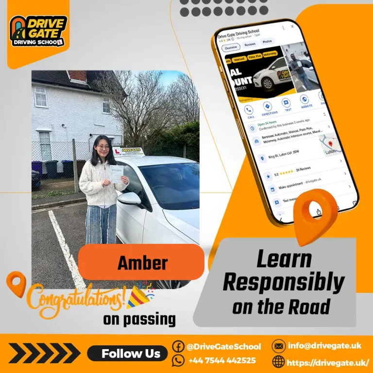 Home 8 Student passing driving test next to Drive Gate training car