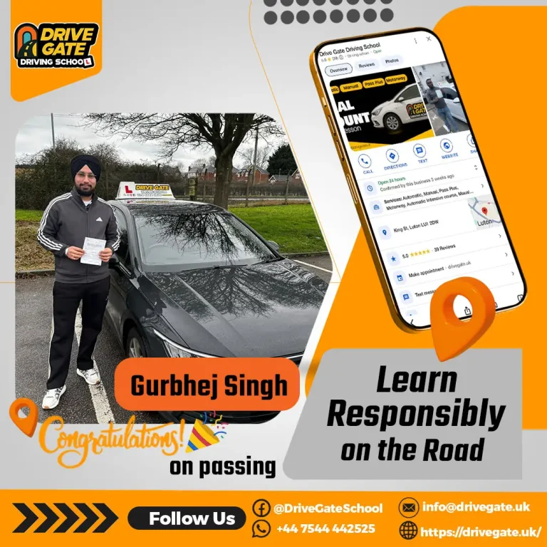 Home 9 Learner holding driving test pass certificate beside Drive Gate car