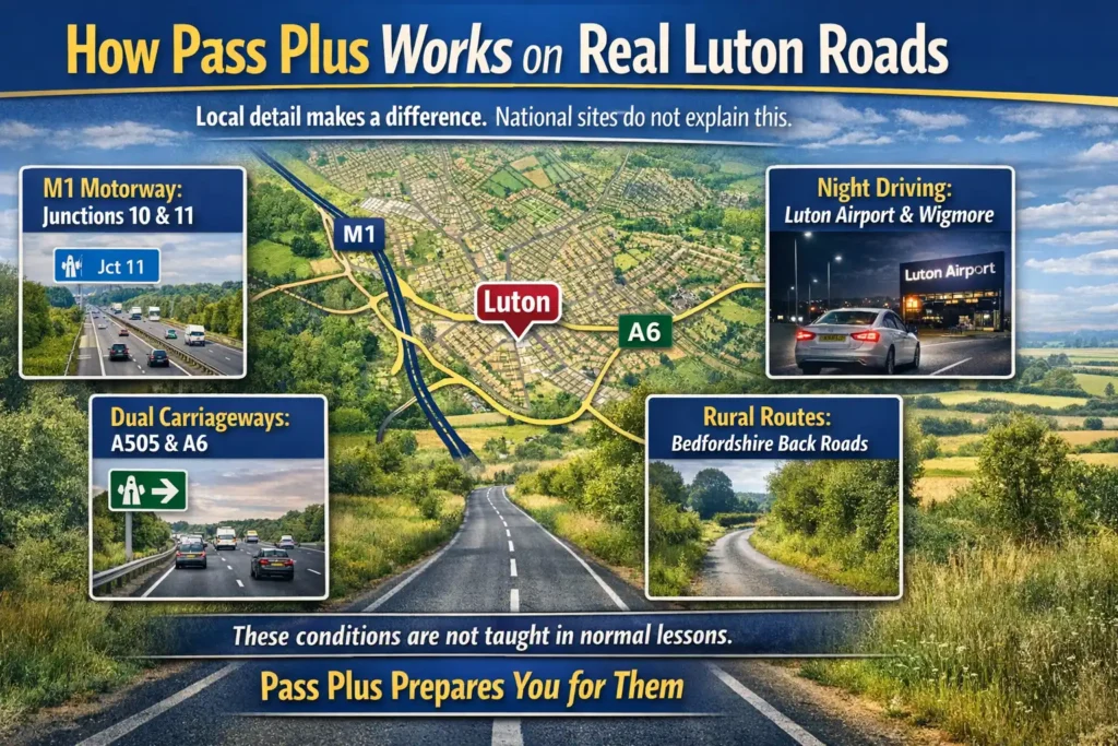 Pass Plus course road map showing M1 Junction 10 and 11, A505, A6, Luton Airport night driving routes, and Bedfordshire rural roads used during Pass Plus training in Luton