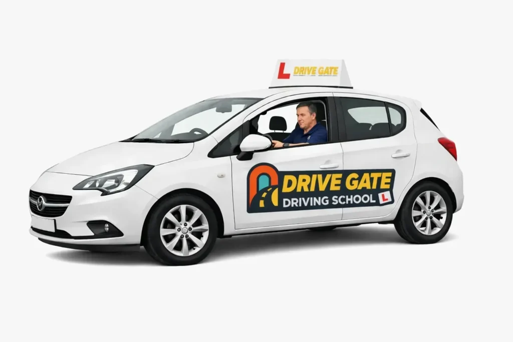 Driving instructor giving a manual intensive driving course luton inside a car with Drive Gate logo visible