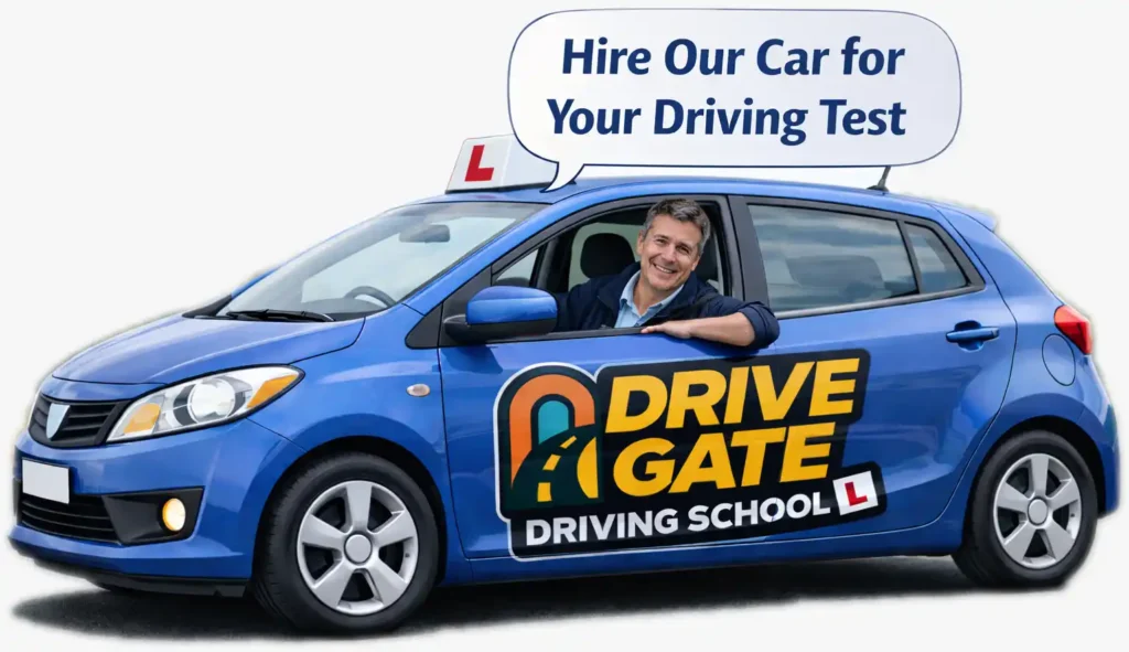 Driving test car with Drive Gate logo showing an instructor leaning out of the window offering car hire for a driving test in Luton