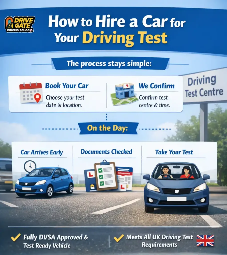 Step by step process of hiring a dual control car for a driving test in Luton, including booking, confirmation, and test day checks