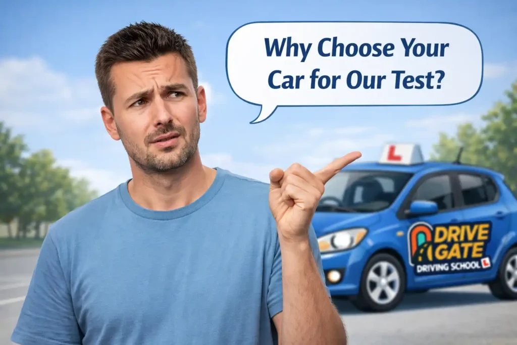 Learner driver asking why to choose a dual control car for a driving test in Luton with a learner vehicle in the background