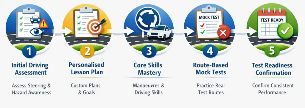 5 step driving lesson process showing assessment, personalised lesson plan, core driving skills, mock tests and test readiness confirmation
