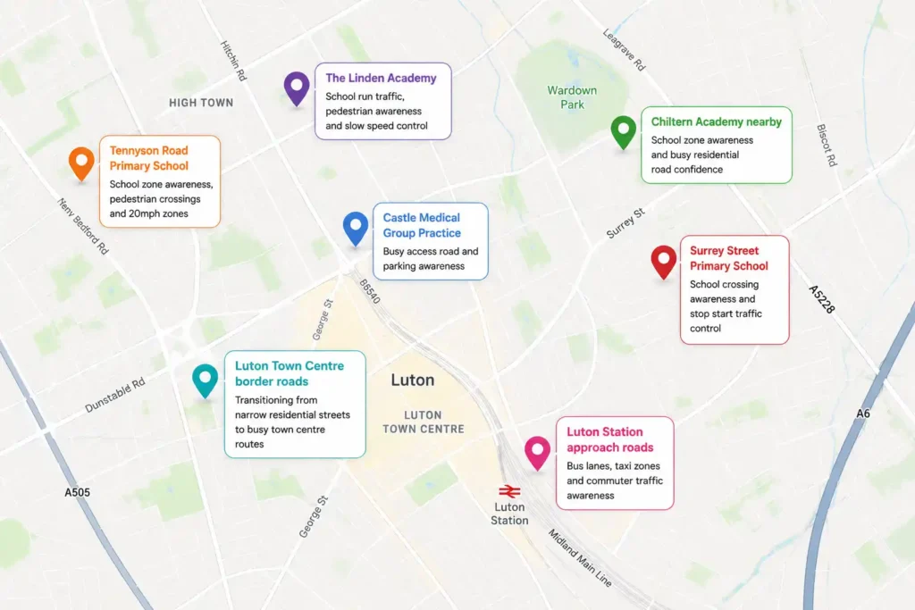 Key Landmarks You Will Drive Through in New Town by drive gate driving school luton